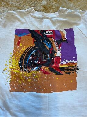 Vintage Marlboro Adventure Team T-Shirt. Cropped & Stained Dirt Biking Logo